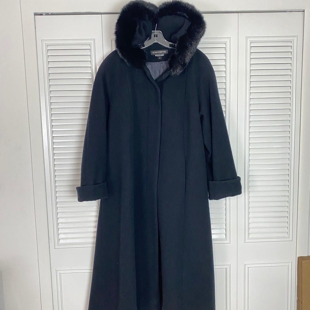 VTG Donnybrook Rabbit Fur Trim Hooded Wool Coat Women 8 Black Maxi Longline 48in